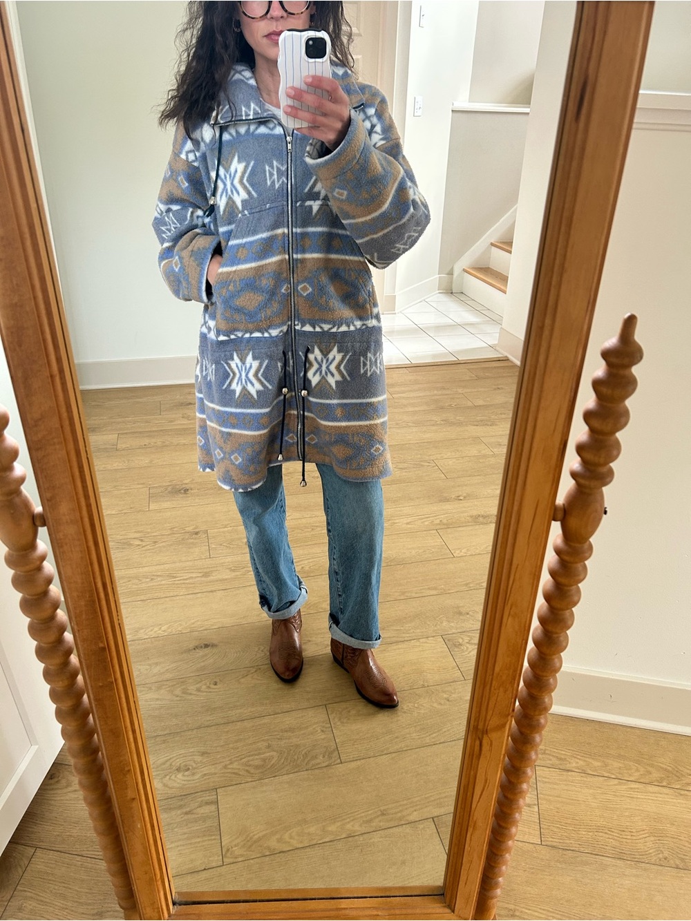 Vintage Gray & Tan Patterned Zip-Up Coat